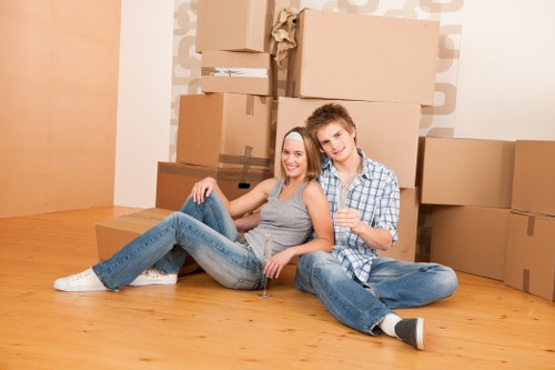House removal team planning a move in Canary Wharf apartment block