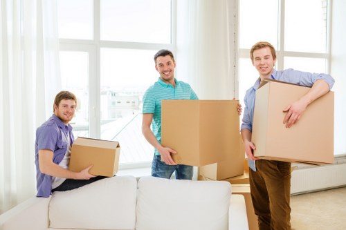 Removalists handling boxes and household items in a Docklands move