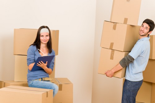 Business relocation equipment and packing crates ready for transport
